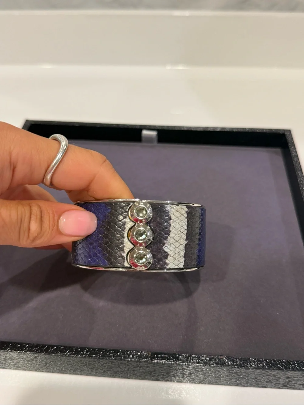 Henri Bendel Blue Snakeskin Hinged Cuff Bracelet Silver Tone Crystal Accent